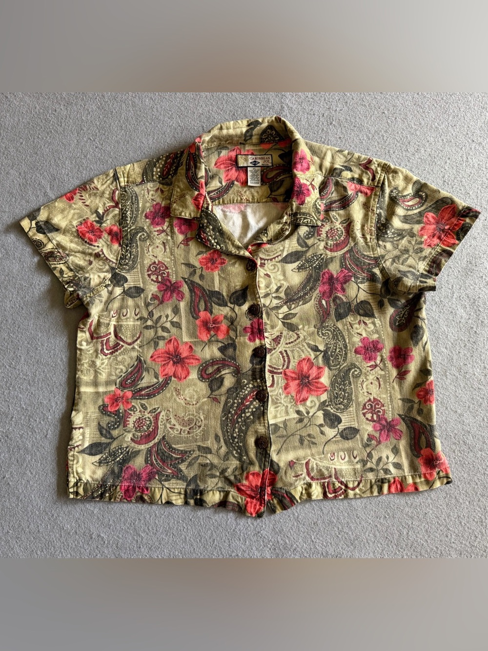 Caribbean Joe Womens Petite Large Floral Paisley Rayon Shirt Short Sleeve PL